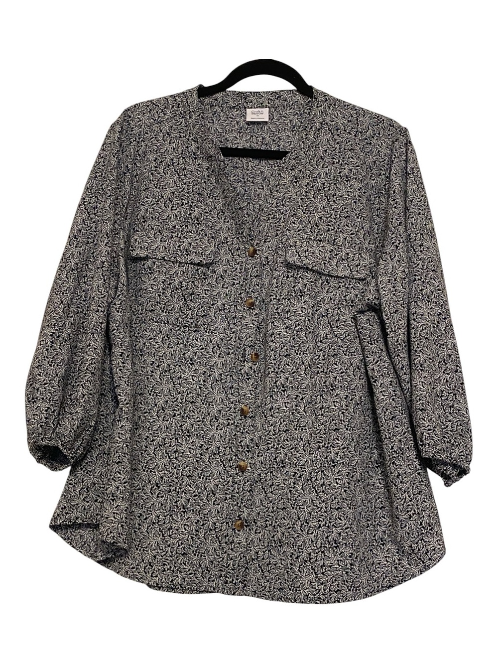 Croft & Barrow Black and White Micro Floral Button-Up Top
